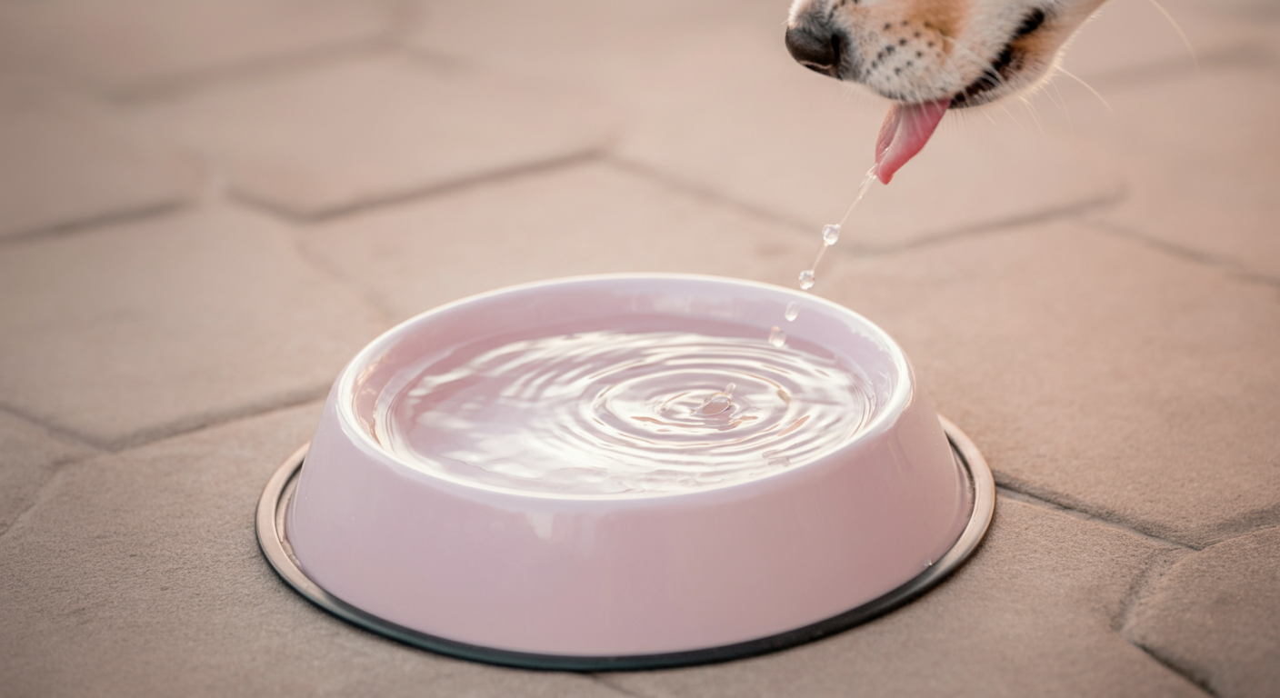 水の入ったお皿に、犬の舌が少しだけ映り込んでいる様子。