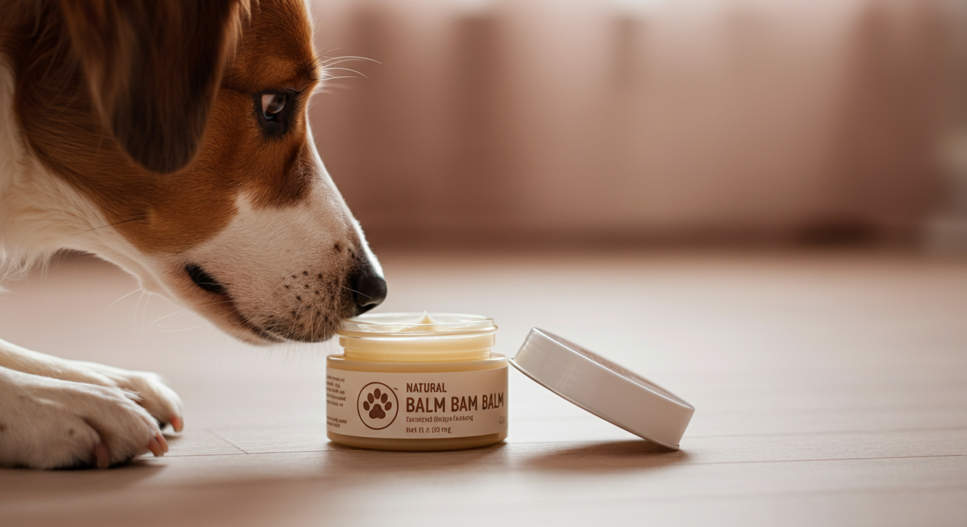 蓋の開いた肉球クリームのジャーの匂いを、犬が興味深そうに嗅いでいる様子の写真。