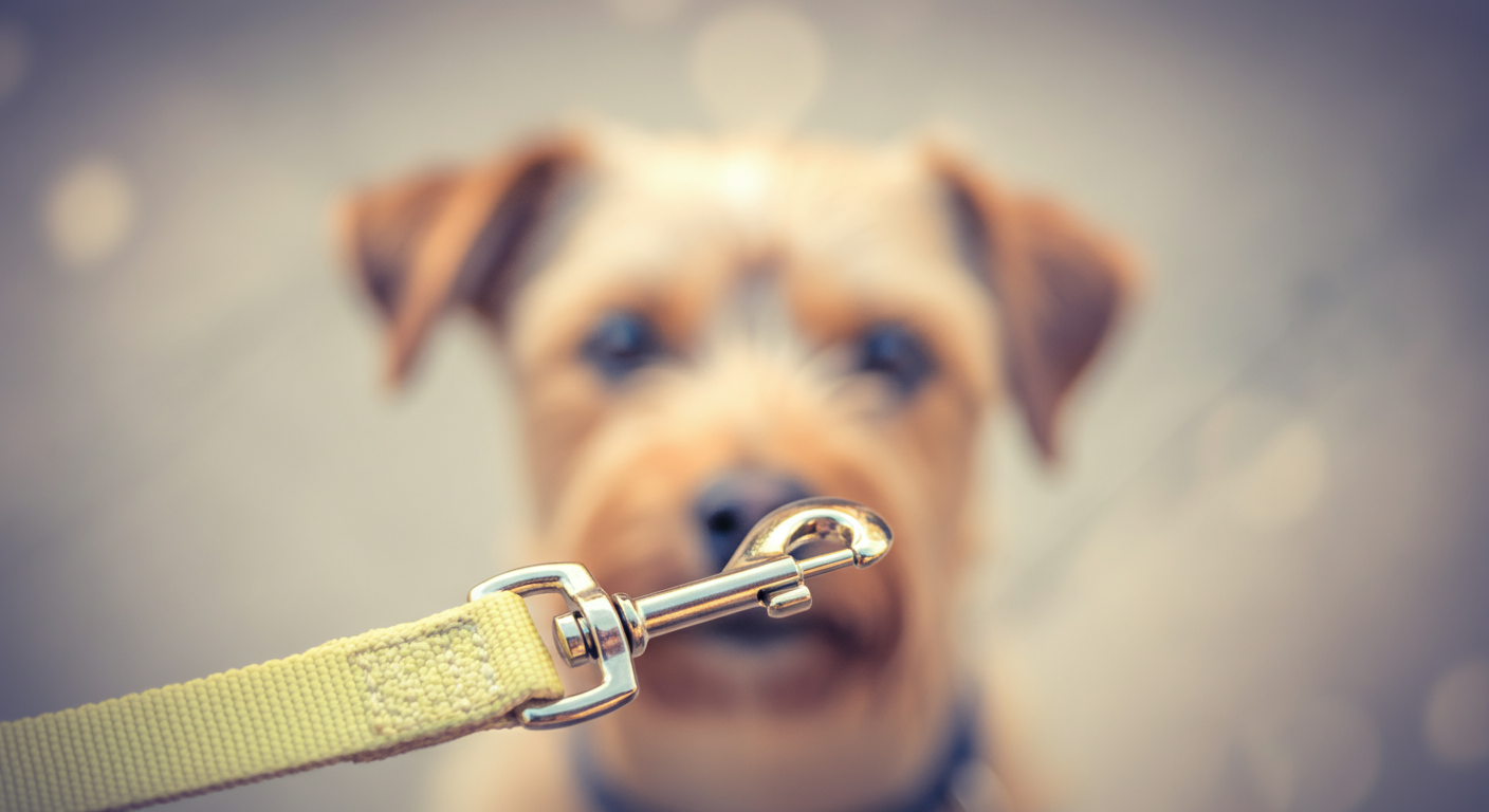 ピンと張った黄色いリードの金具と、前を向く犬の鼻先のシルエット。