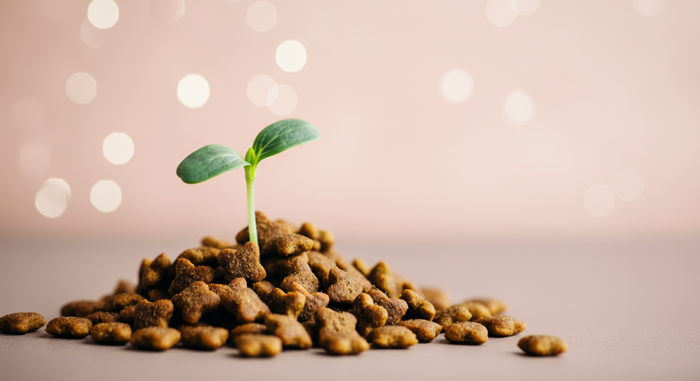 子犬用ドッグフードの山から小さな芽が出ている、健やかな成長の始まりを象徴する写真。