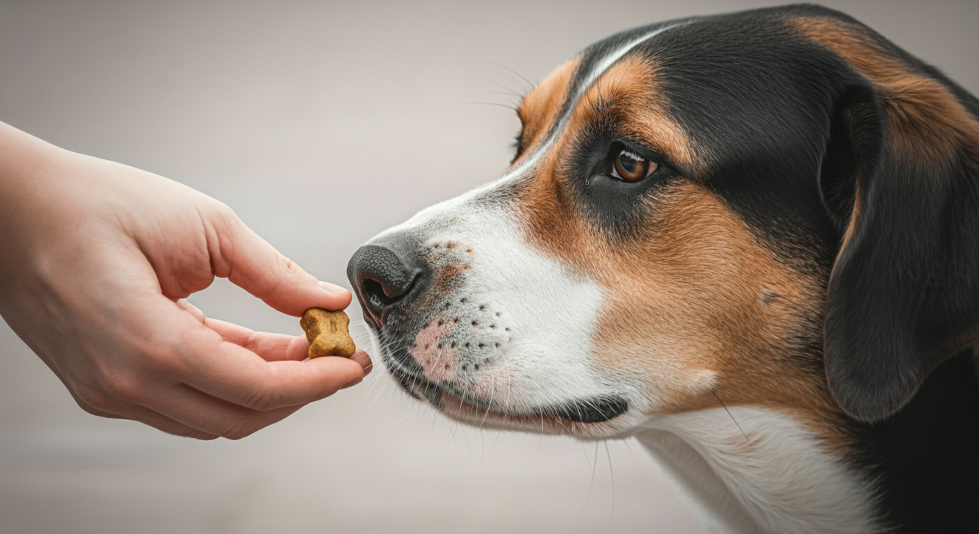 パステルカラーの背景で、人間の手が持つ特別なおやつを大型犬が優しく匂っているクローズアップ写真。