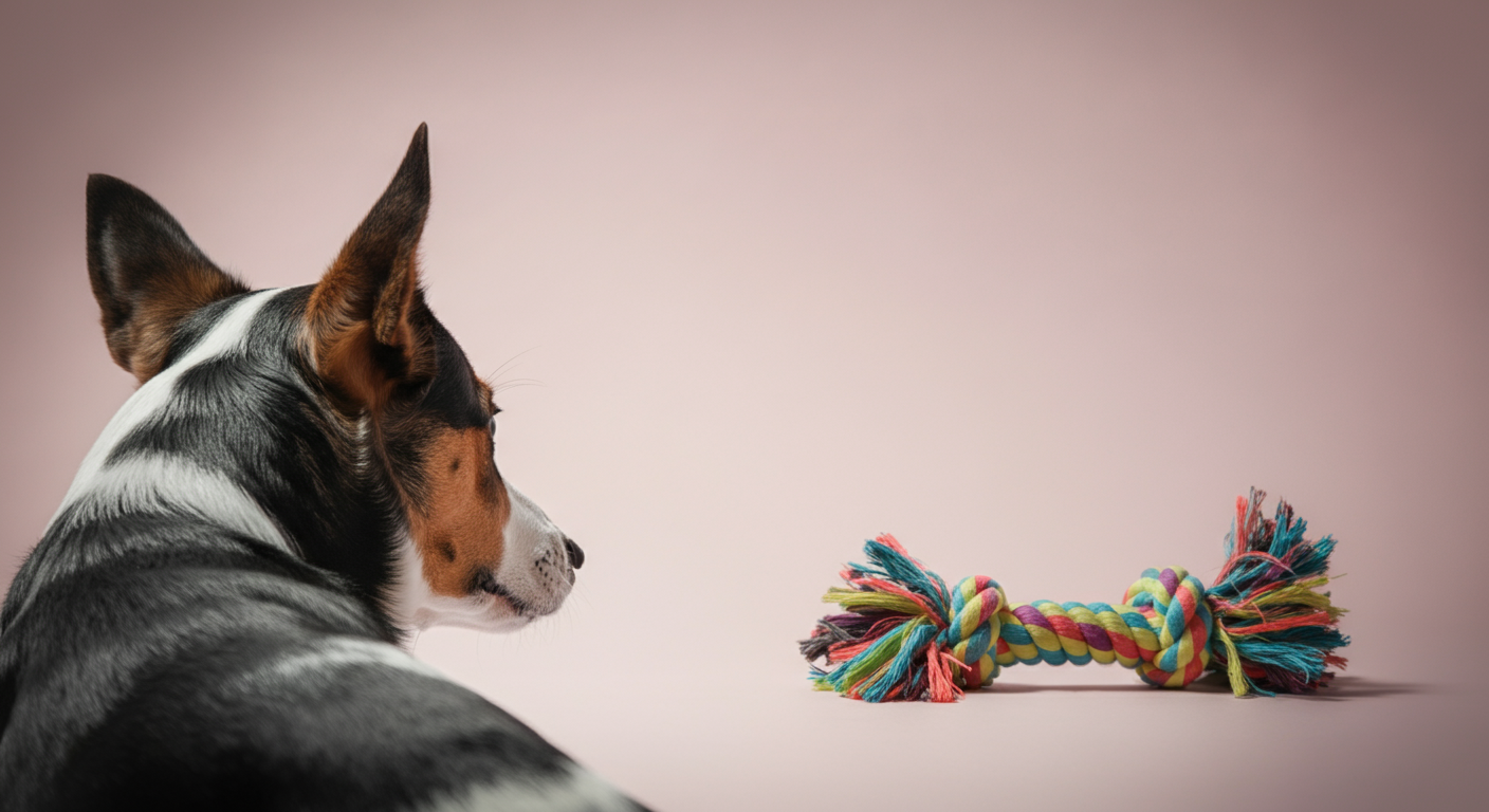 目の前に置かれた新しいおもちゃから顔をそむけている犬の後ろ姿