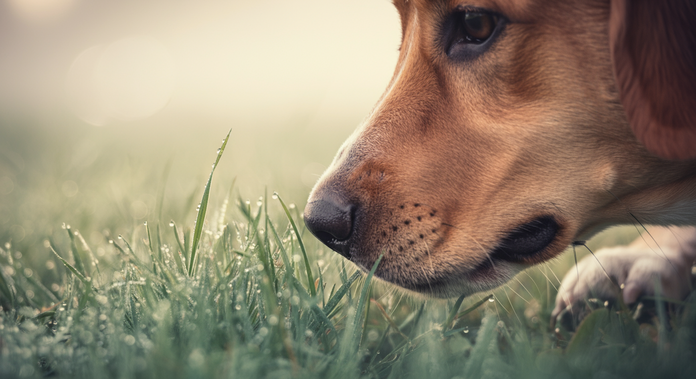 朝霧のかかった野原で、地面の匂いを嗅いでいる犬の鼻先のクローズアップ