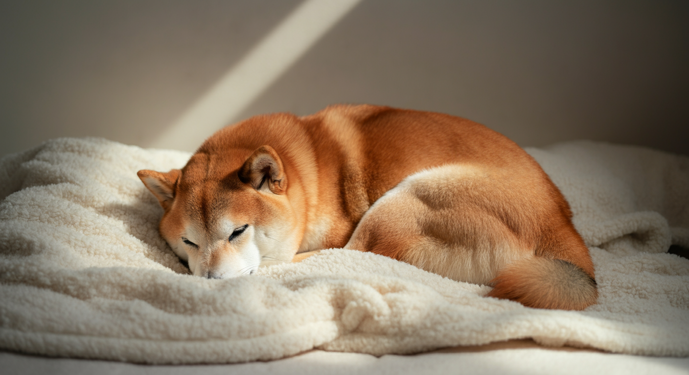 薄暗い部屋で、柔らかなブランケットの上で丸くなって眠ろうとしている犬の姿。