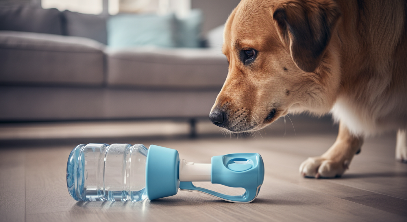 パステル調の明るいリビングの床に置かれた給水ボトルを、大型犬が鼻先を近づけて慎重に匂いを嗅いでいる。