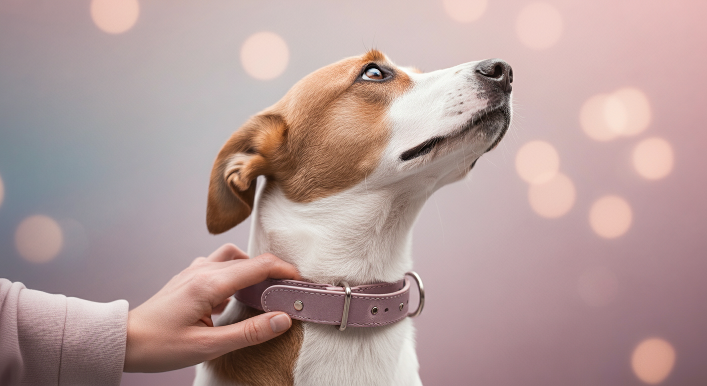 飼い主が犬の首輪を優しく掴み、犬がその飼い主を信頼しきった目で見上げている。