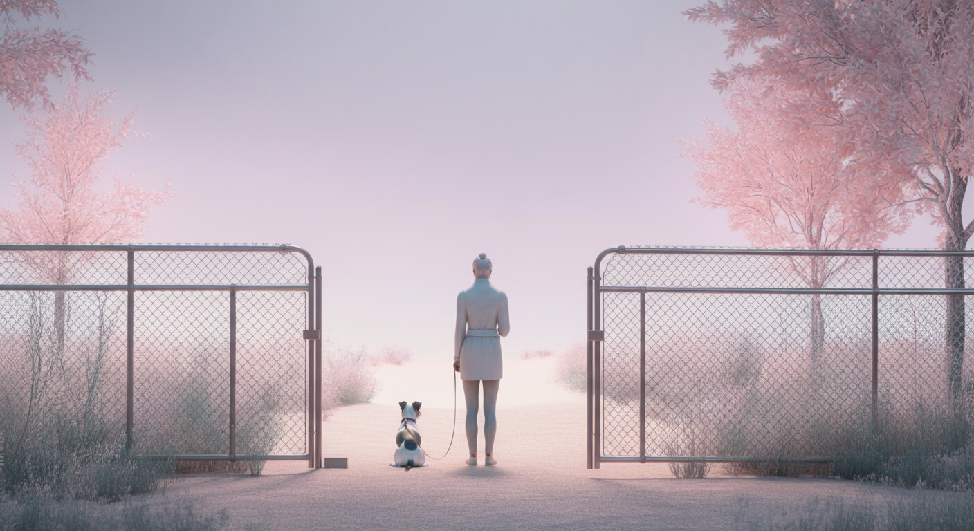 ドッグランの入り口のゲートで、中の様子をうかがう犬と飼い主。