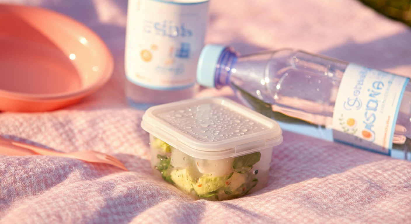 広口のウォーターボトルの横に、蓋の開いた小さなタッパーが置かれている。タッパーのフチには新鮮な水滴がついており、DIY給水セットを表現している。