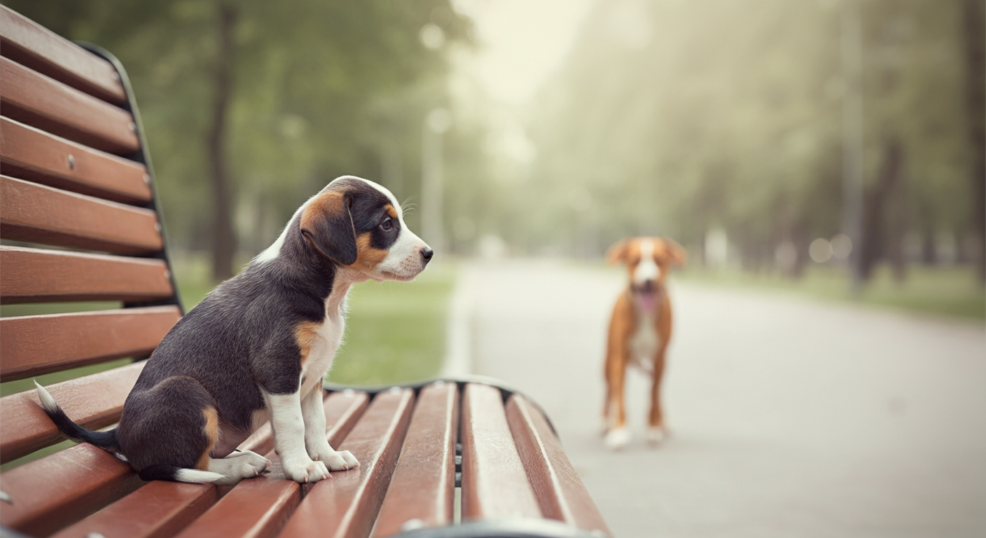 公園のベンチに座り、遠くの犬を少し緊張した面持ちで見つめている子犬。