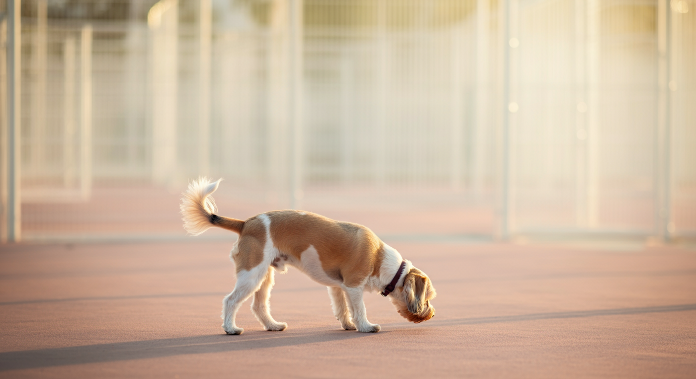 早朝の光の中、誰もいない広いドッグランを、一匹の犬がのびのびと探索している写真。