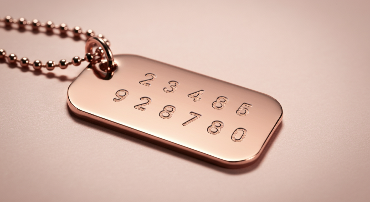 ローズゴールドの迷子札に刻印された電話番号のマクロ撮影。柔らかな光が当たっている。