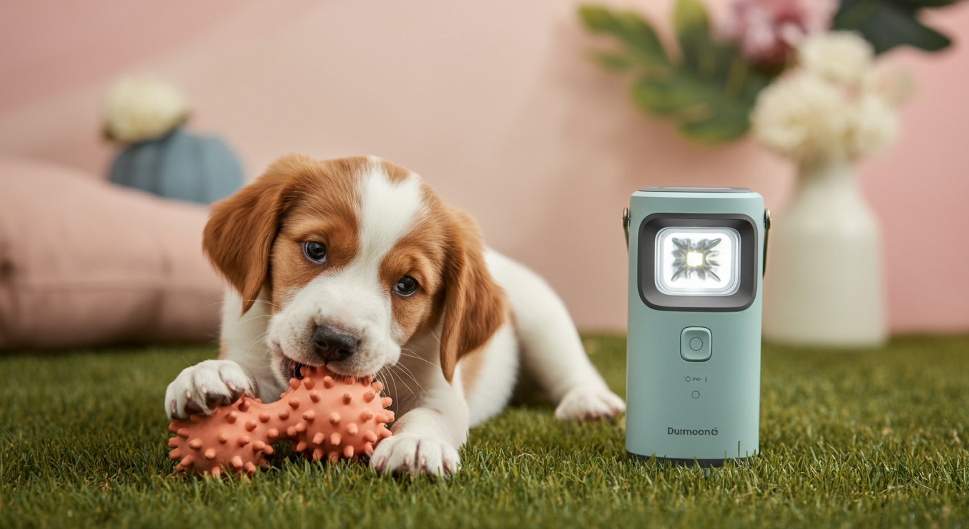 コードレスランタンのそばでおもちゃを噛んで遊ぶ子犬