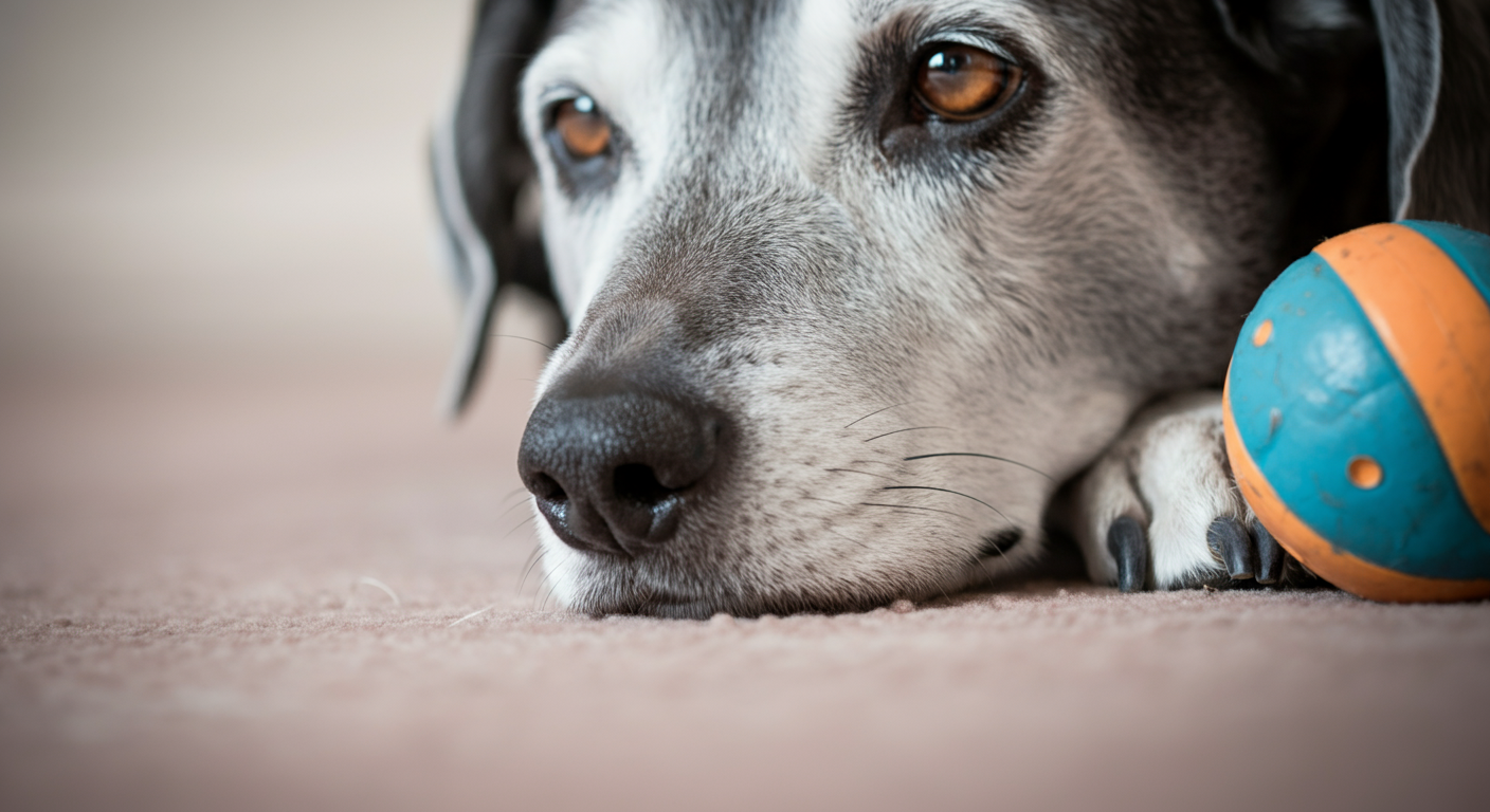 柔らかいボールの近くに寄せられた、シニア犬の白くなった鼻先の、穏やかな表情を捉えた写真。