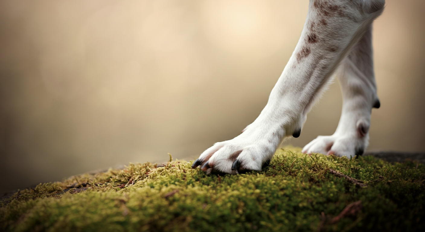 苔の生えた柔らかな地面をゆっくりと歩くシニア犬の足。穏やかなペースを表現した、パステルカラーのミニマルな写真。