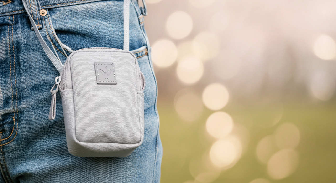 ベルトに留められたおしゃれなパステルカラーのトリーツポーチのクローズアップ写真。背景はドッグランのようにぼやけている。