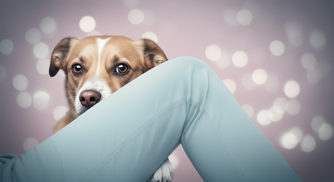 飼い主の足の間に犬が隠れている。パステルカラーの優しい雰囲気で、犬が安心を求めている様子を表現している。