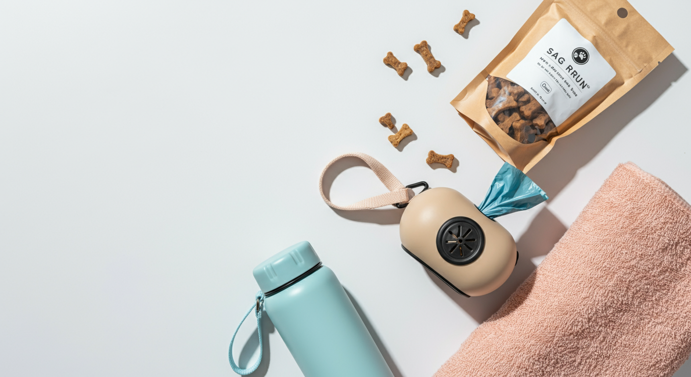 パステルカラーのドッグラン用持ち物がおしゃれに並べられている。