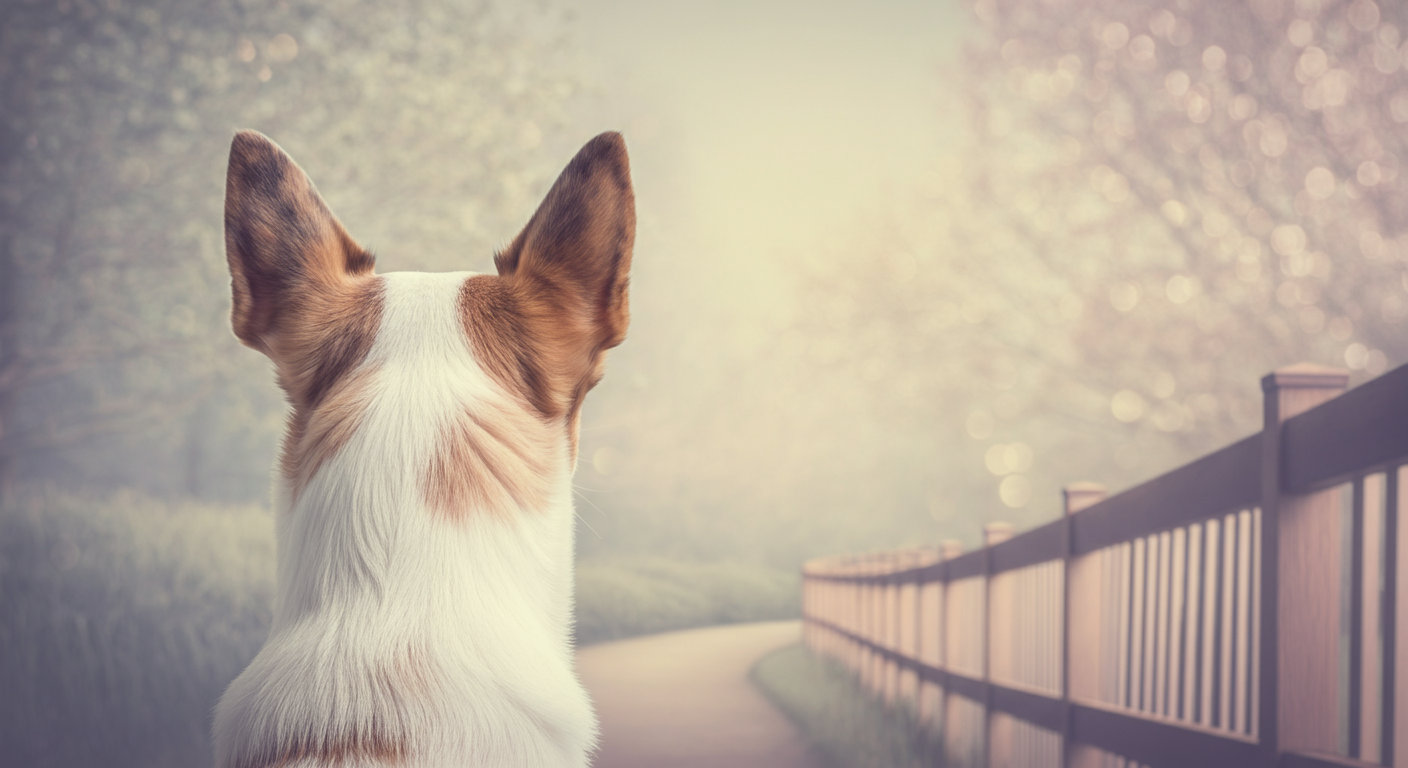 犬の目線から撮影された、ドッグランのフェンス沿いの道。道は穏やかにカーブしており、安全な道のりを表現している。