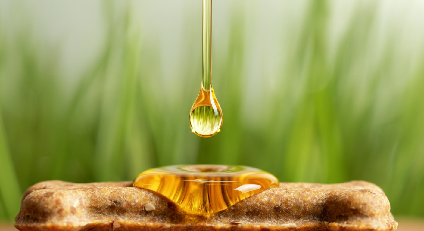 パステルカラーの背景に、ドッグフードの上に亜麻仁油が一滴垂らされている様子のマクロ写真。