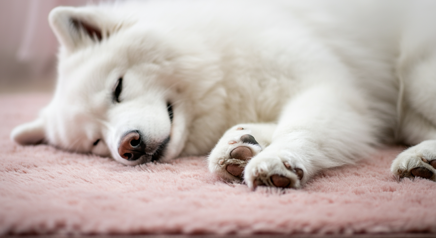 パステルピンクのラグの上で安らかに眠る犬の、リラックスした足元のクローズアップ写真。