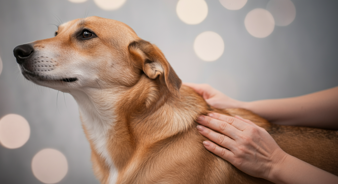 犬の体を優しくマッサージしている飼い主の手元。