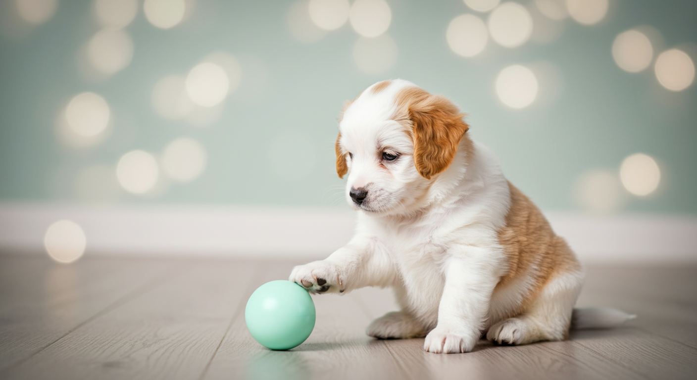 明るい色の床の上で、ミントグリーンの小さなボールを前足で優しくつつく子犬。