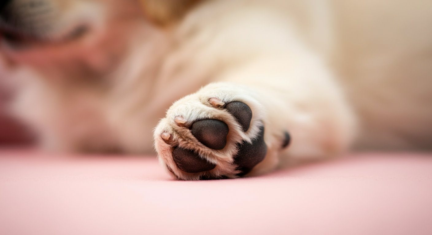 パステルピンクの背景に置かれたゴールデンレトリバーの子犬の肉球のクローズアップ写真。