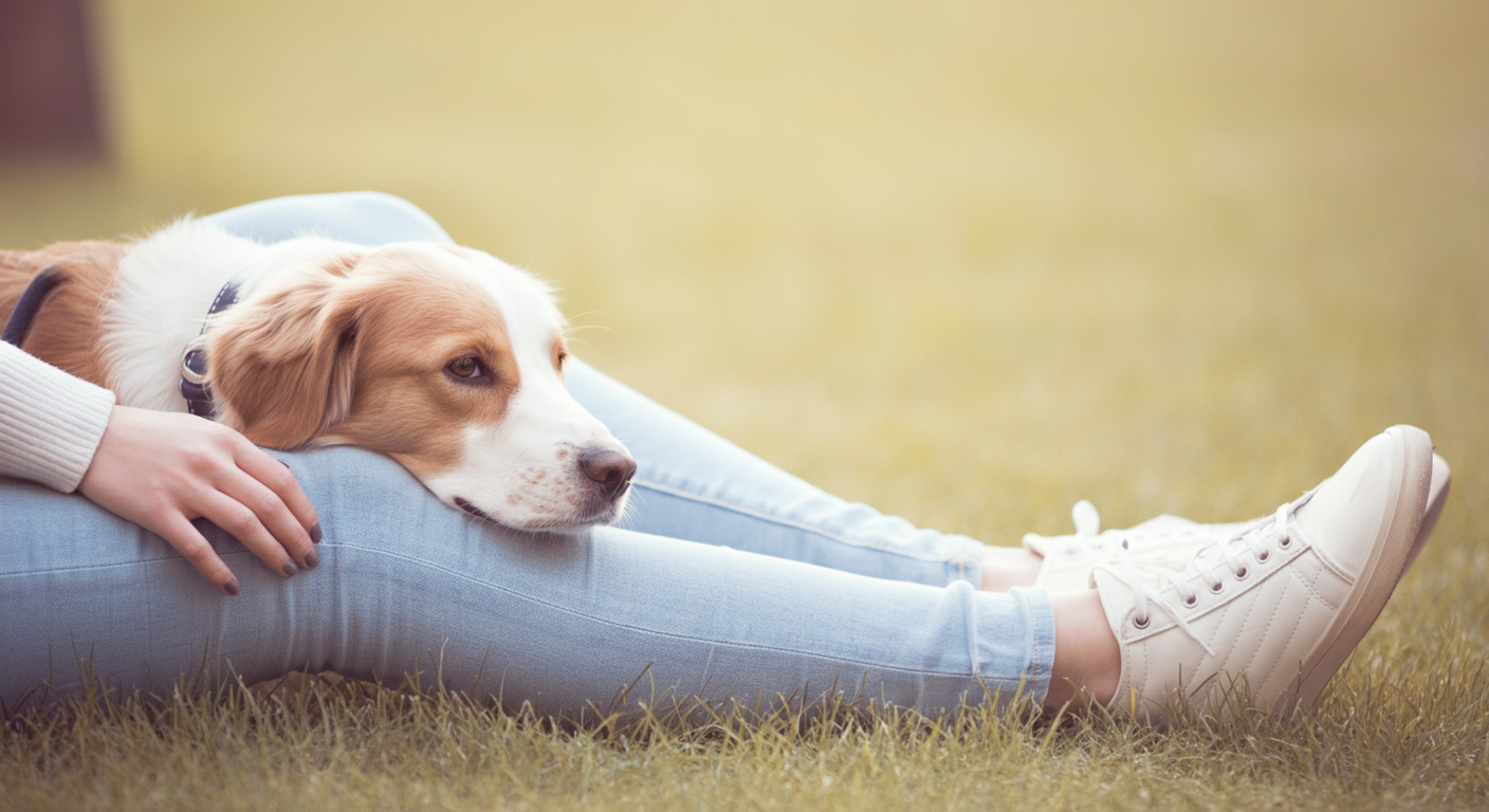 芝生の上に座る飼い主の膝に、犬が安心した様子で頭を乗せている写真。