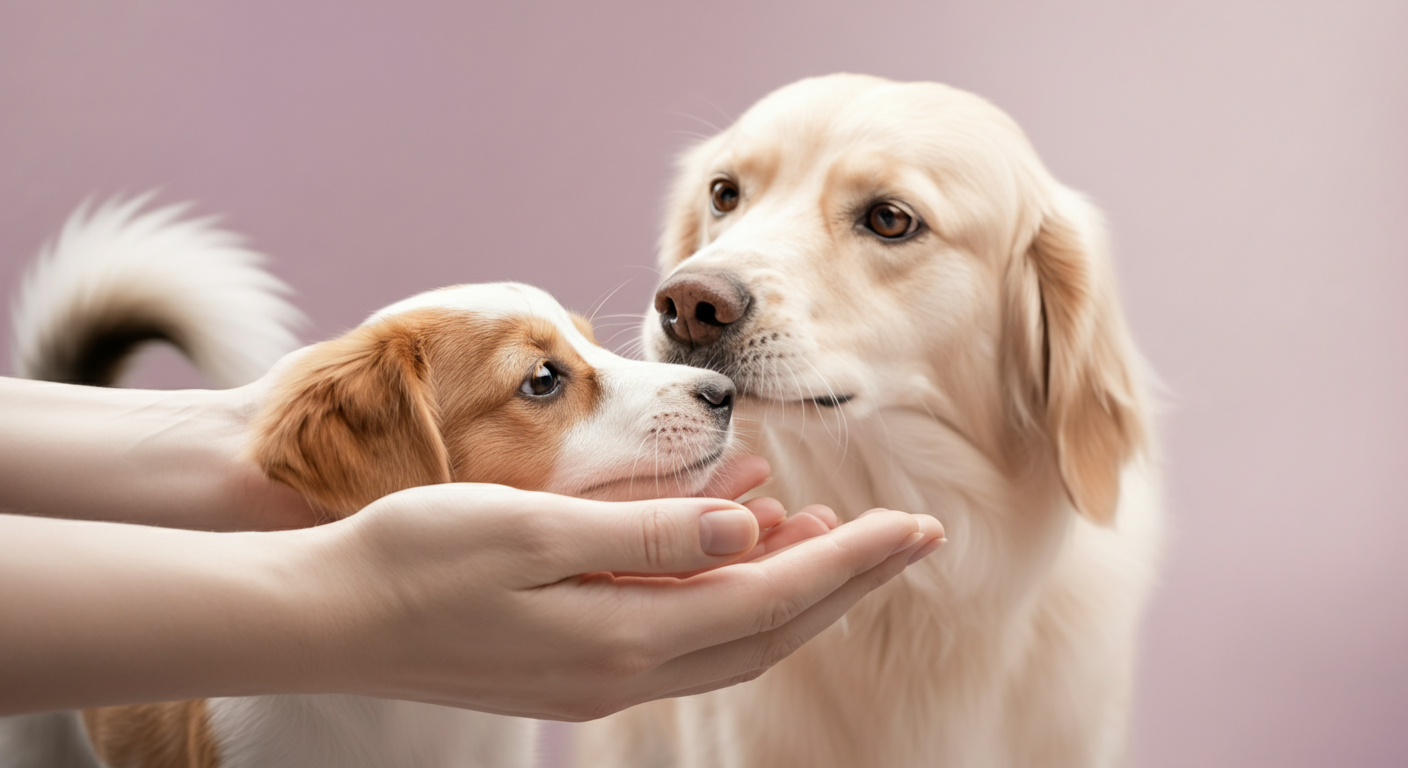 飼い主が両手で隠したおやつを、犬が鼻先で探している様子のクローズアップ。