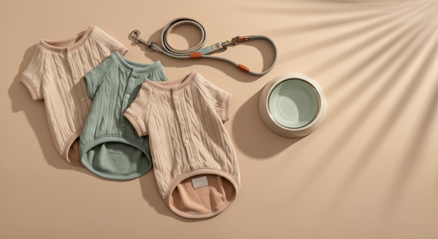 おしゃれなアースカラーの犬用クールウェアと小物が並べられた俯瞰写真。