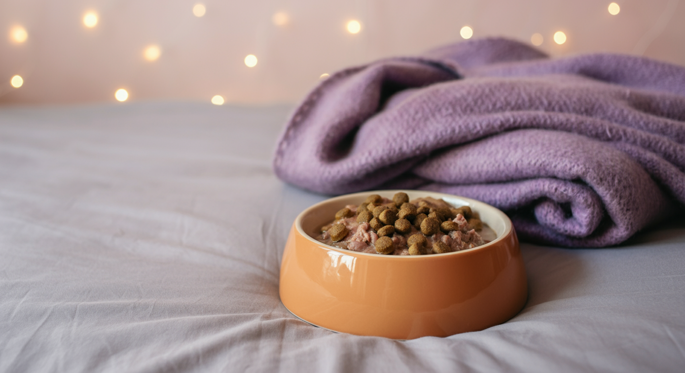 温かみのある食器に入った犬の夜ごはんと、隣に置かれた柔らかいブランケット。