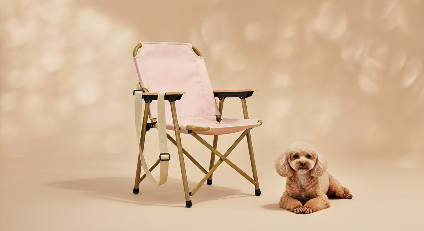 肩掛けできる収納袋に入ったコンパクトな椅子と、その横でお出かけを待つトイプードル。持ち運びやすさを表現。