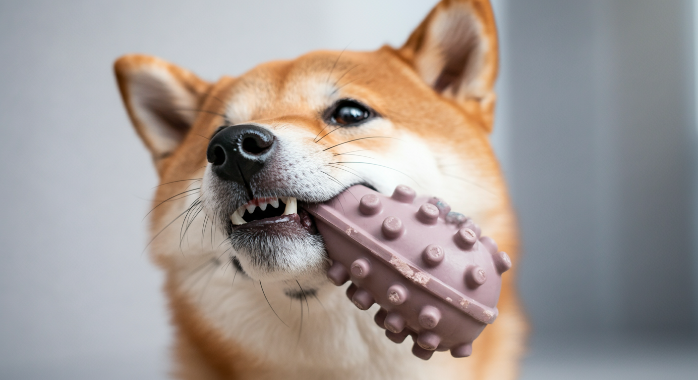 丈夫なゴム製のおもちゃをしっかりと咥えている柴犬の口元のクローズアップ。噛むという本能的な欲求に焦点を当てている。