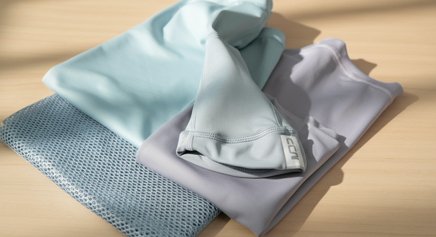 質感の違う3種類の犬用クールウェアの生地が並べられた写真。