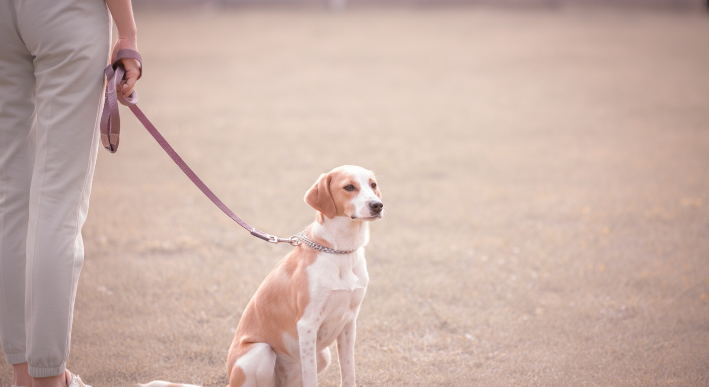 ドッグランの中で、飼い主の足元にリードをつけられたままお座りしている一匹の犬。