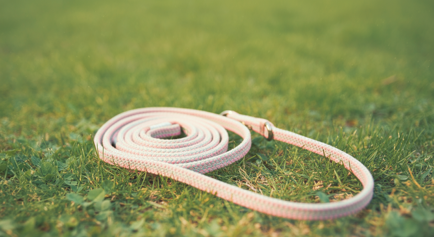 緑の芝生の上に、パステルカラーのロングリードが綺麗に巻かれて置かれている。コントロールされた安全なトレーニングを象徴するミニマルな写真。