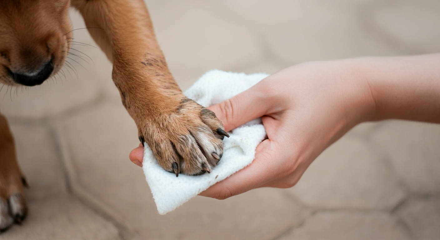 ドッグランで遊んだ後、飼い主が汚れた子犬の足を優しく拭いている様子のクローズアップ写真。