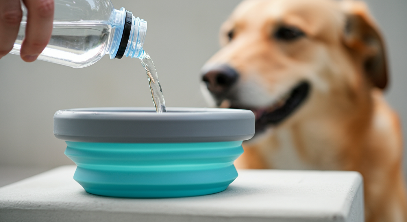 携帯用のシリコン製ウォーターボウルに、飼い主が水を注いでいる様子。犬が飲みたそうに鼻を近づけている。