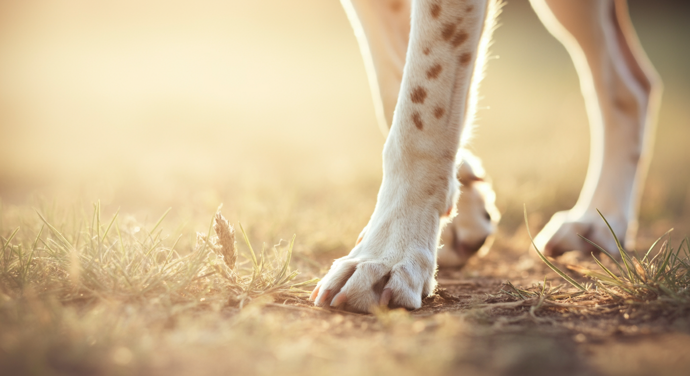 夏の陽光に照らされた芝生と、犬の足先のクローズアップ写真。