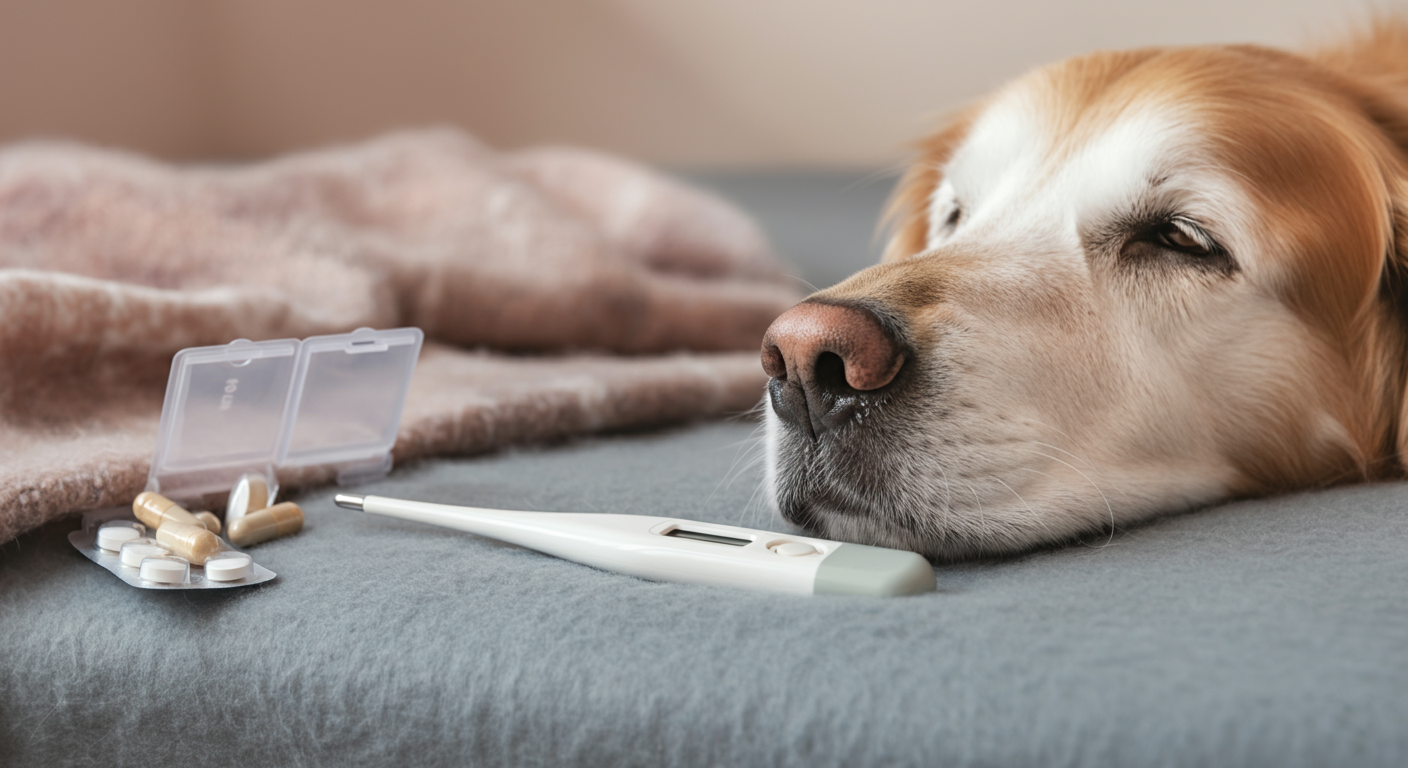穏やかに眠るシニア犬の横顔と、近くに置かれた体温計やピルケース。
