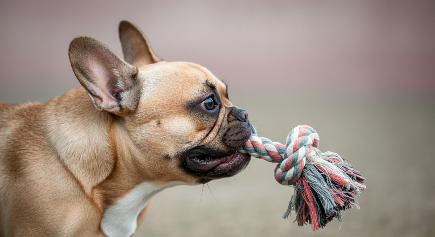 ロープのおもちゃで引っ張りっこをしているフレンチブルドッグの横顔のクローズアップ。犬の穏やかな表情と張ったロープに焦点が合っている。