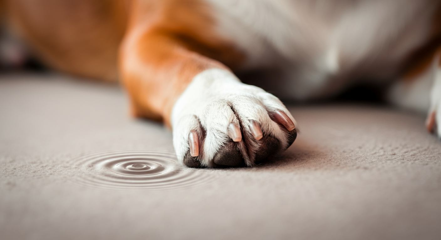 柔らかい場所に置かれた犬の足のクローズアップ。足から波紋が広がるエフェクトが加えられている。