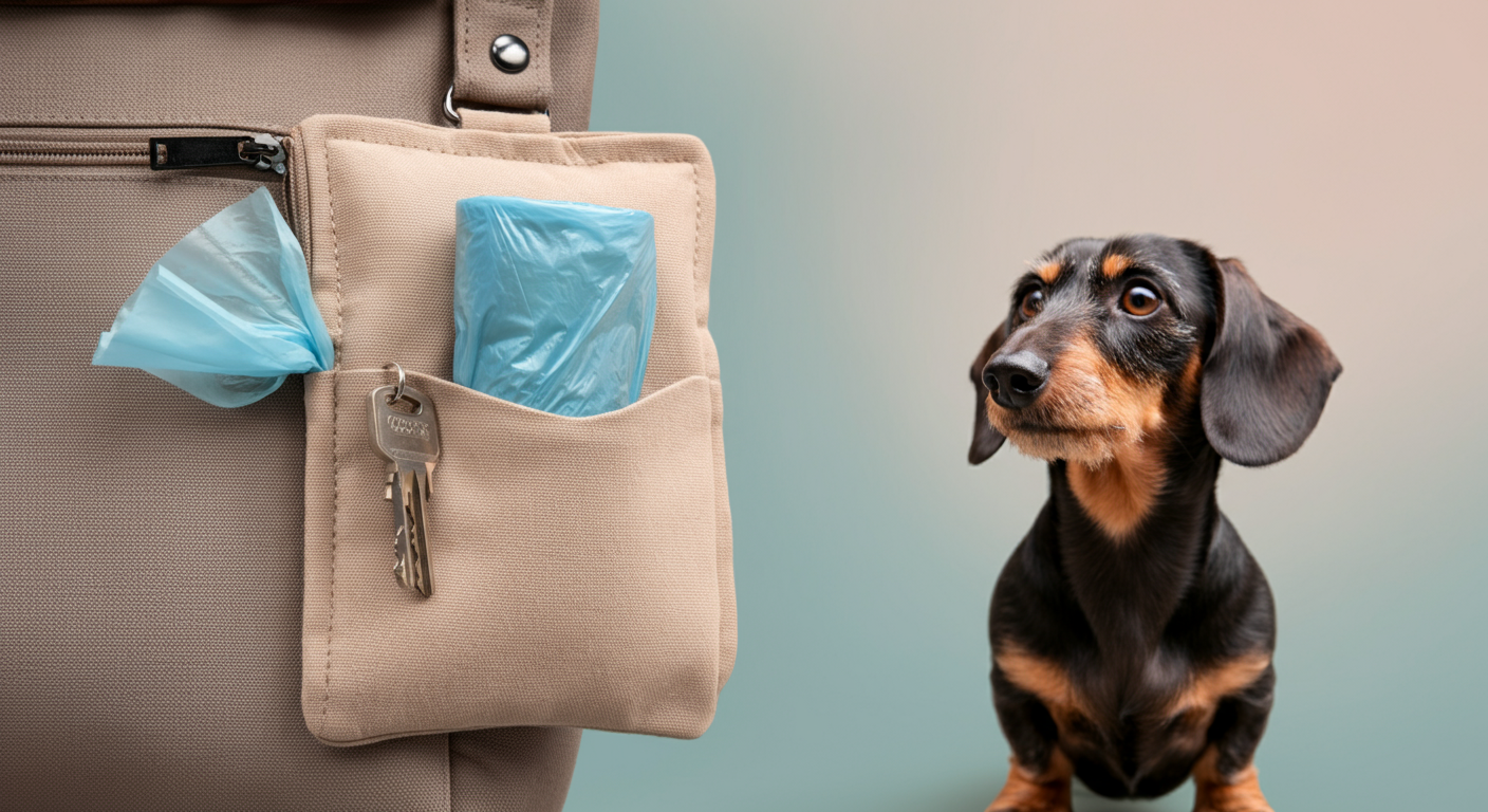 多機能マナーポーチのクローズアップ。小さなポケットが開いており、未使用のビニール袋と鍵が見える。