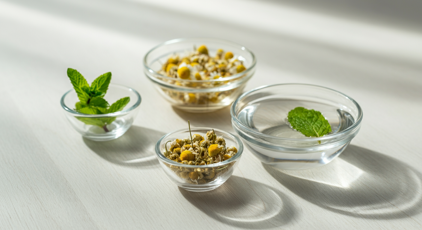 木のテーブルの上に、精製水、乾燥カモミール、ミントの葉が入った3つのガラスボウルが並んでいる。