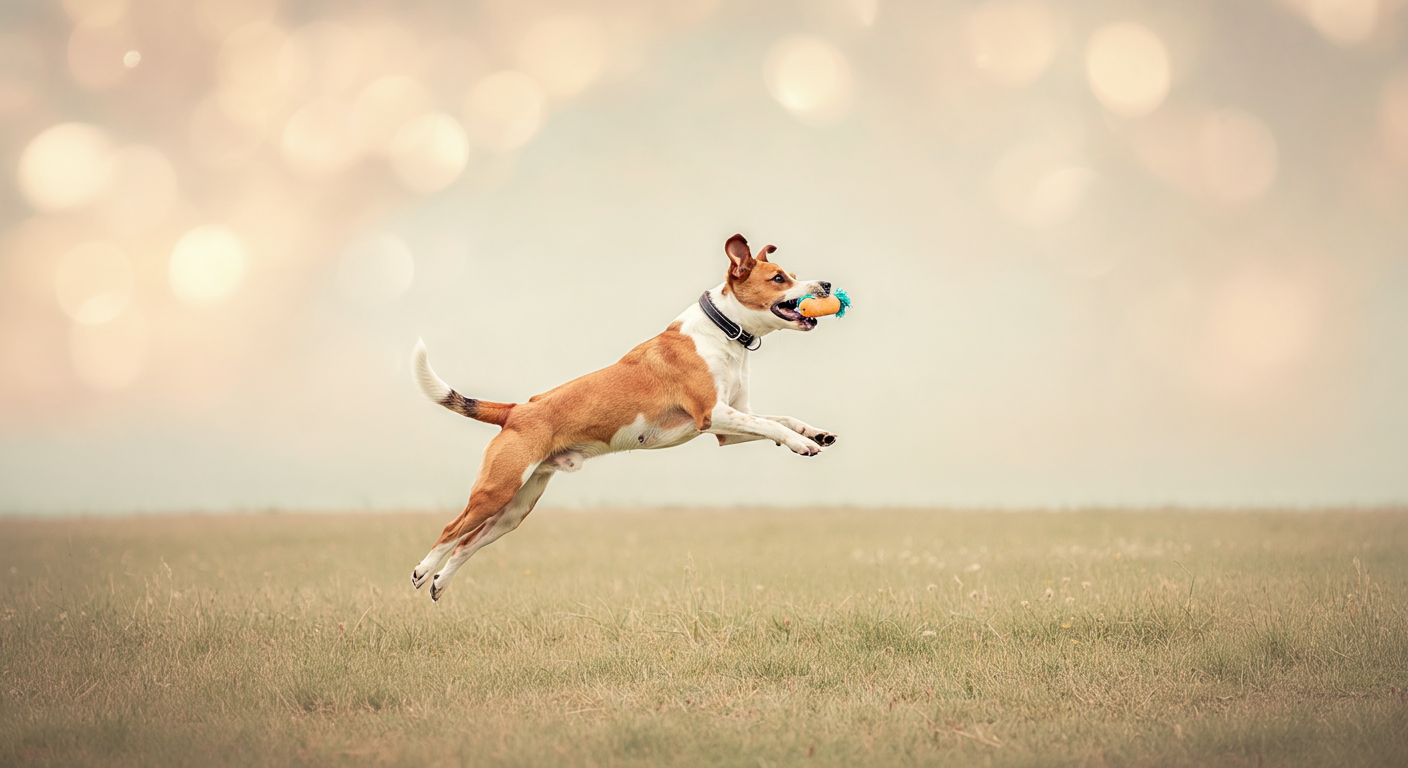パステル調の貸切ドッグランで、一匹の犬がおもちゃに向かって楽しそうにジャンプしている瞬間。