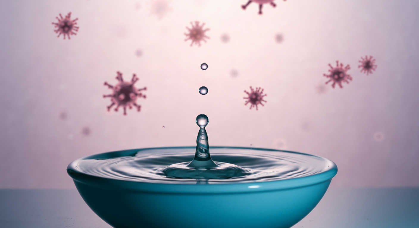 水の飛沫と見えない細菌を抽象的に表現した画像