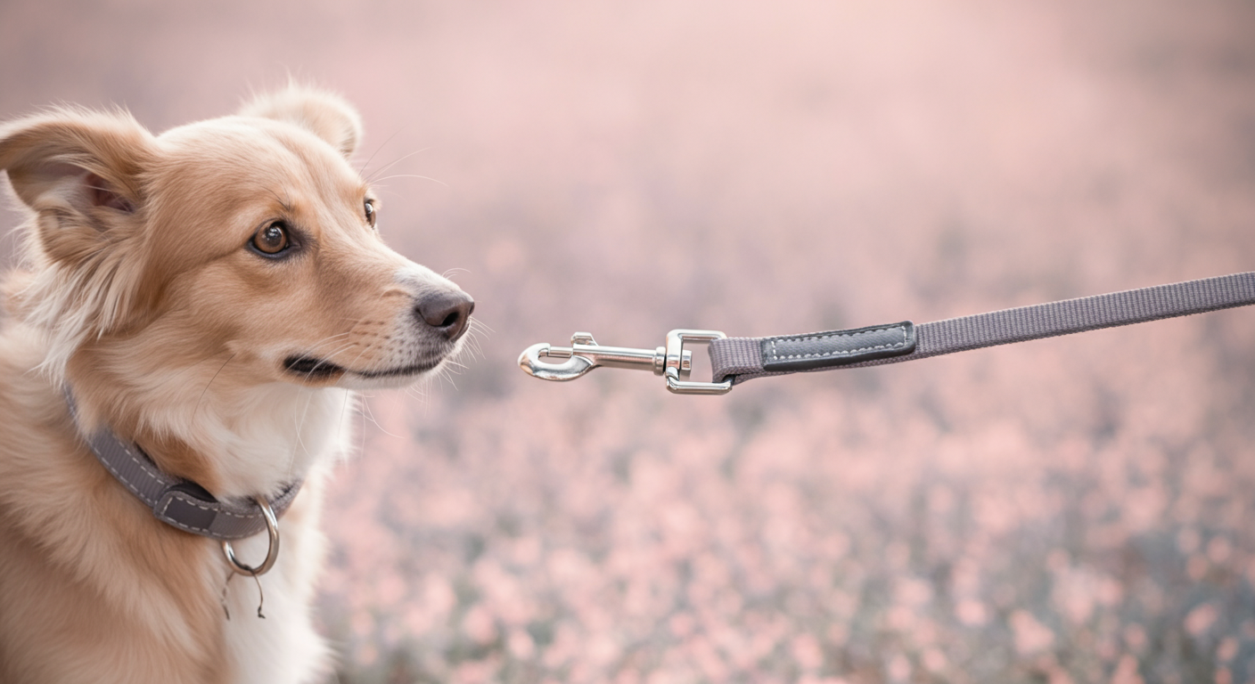 パステルカラーの背景で、犬の首輪にリードの金具が優しく装着される瞬間。安全確保とコントロールを象徴する写真。