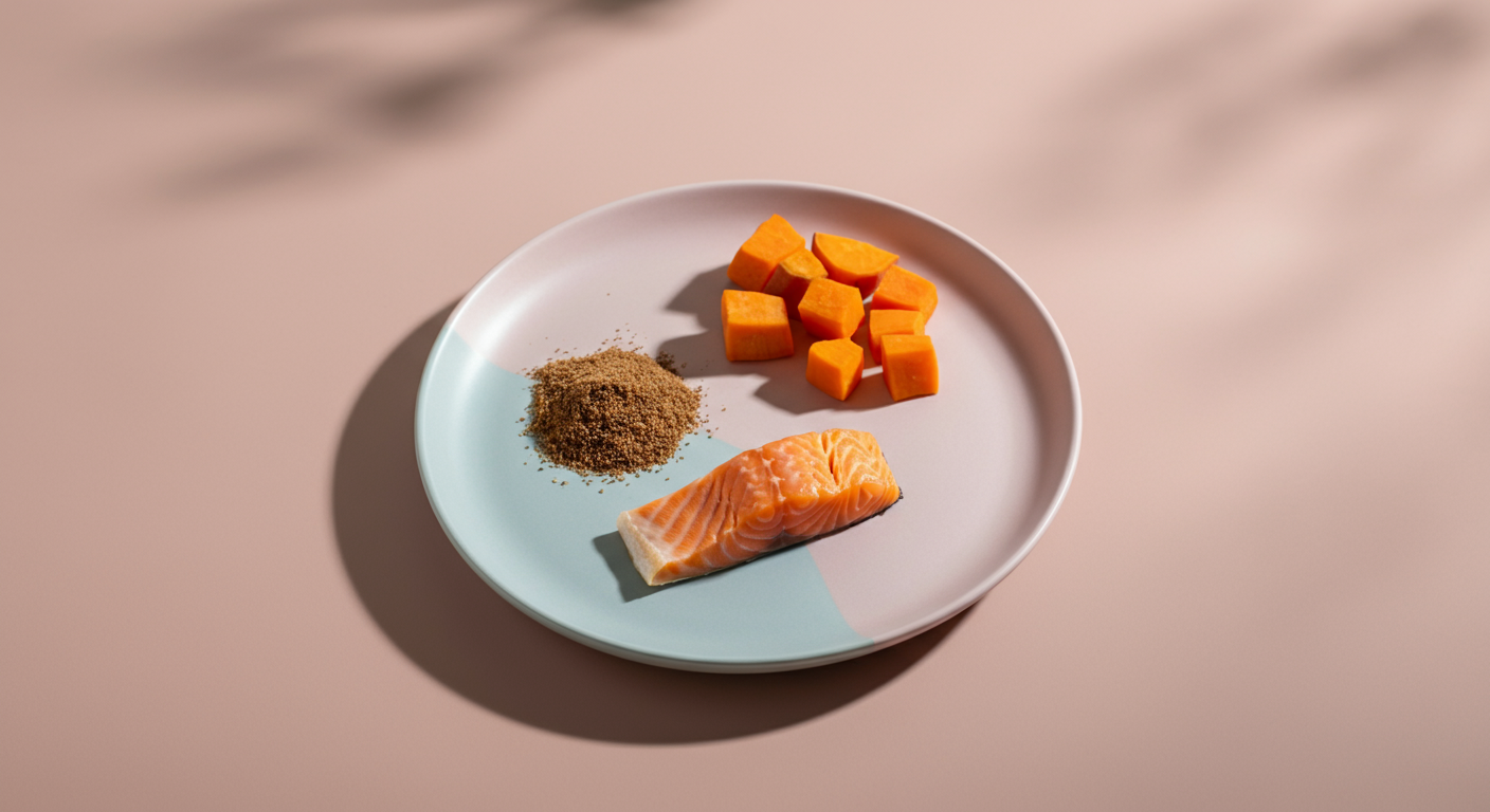 犬に安全なマグネシウム豊富な食材(サーモン、亜麻仁、さつまいも)がパステルカラーの皿に並べられている写真。