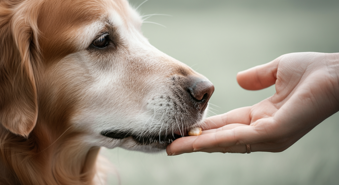 年老いた犬が人の手のひらから優しくおやつを食べている瞬間のクローズアップ写真。