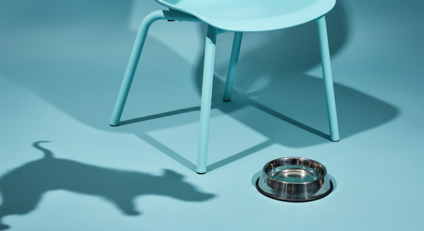 パステルブルーの椅子の下に置かれた水飲みボウル。日陰で涼む犬の休憩場所をイメージさせる。